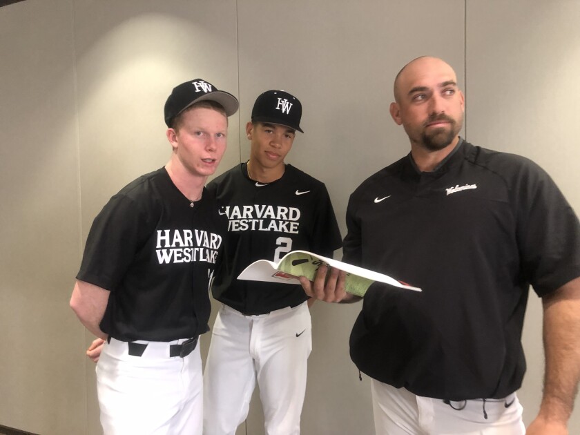 Harvard-Westlake coach Jared Halpert (right) can't be more excited about Drew Bowser (center), who hit his second grand slam in as many games on Monday. And Pete Crow-Armstrong also keeps hitting.