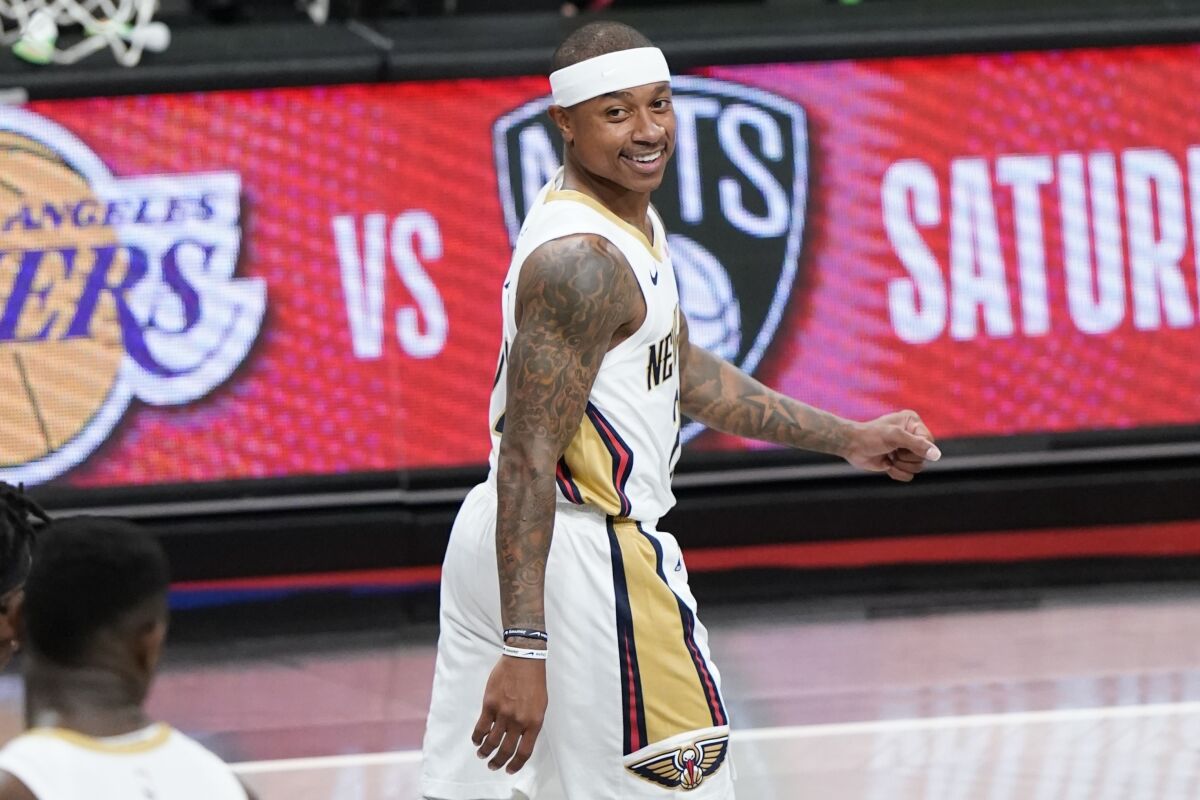 Isaiah Thomas is shown playing for the New Orleans Pelicans on April 7, 2021.