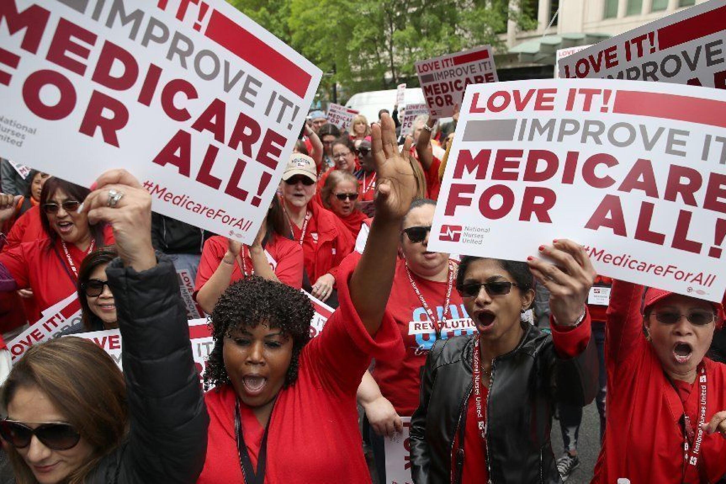 Demonstrators rally in support of "Medicare for all" outside PhRMA headquarters in Washington, D.C., on April 29.