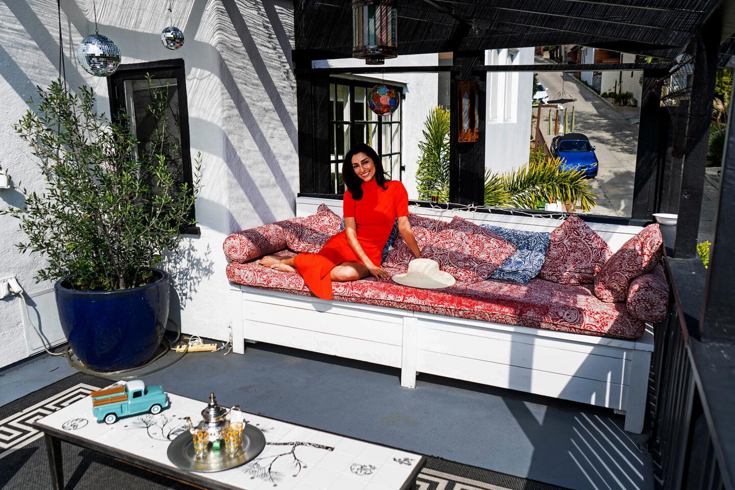 Actress Necar Zadegan on the balcony of her Hollywood Hills home.