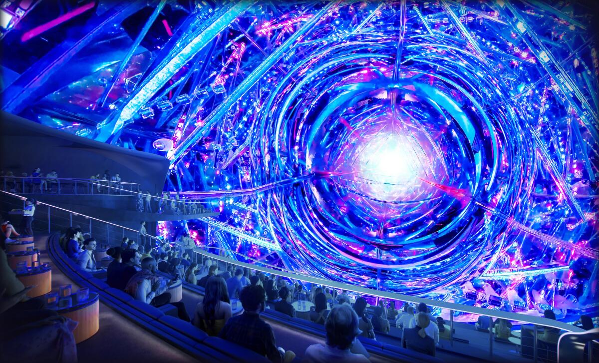 Cosm's 87-foot diameter 12K LED dome shows colors of blue, purple and pink on a massive curved screen. 