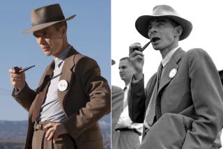 This image released by Universal Pictures shows Cillian Murphy as Dr. J. Robert Oppenheimer in a scene from "Oppenheimer," left, and physicist Dr. J. Robert Oppenheimer on the test ground for the atomic bomb near Alamogordo, N.M., on Sept. 9, 1945. (Universal Pictures via AP, left, and AP Photo)