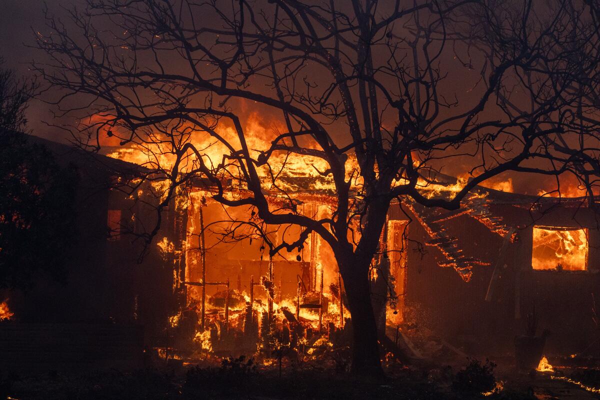 In the darkness, a burning house is illuminated by fire.