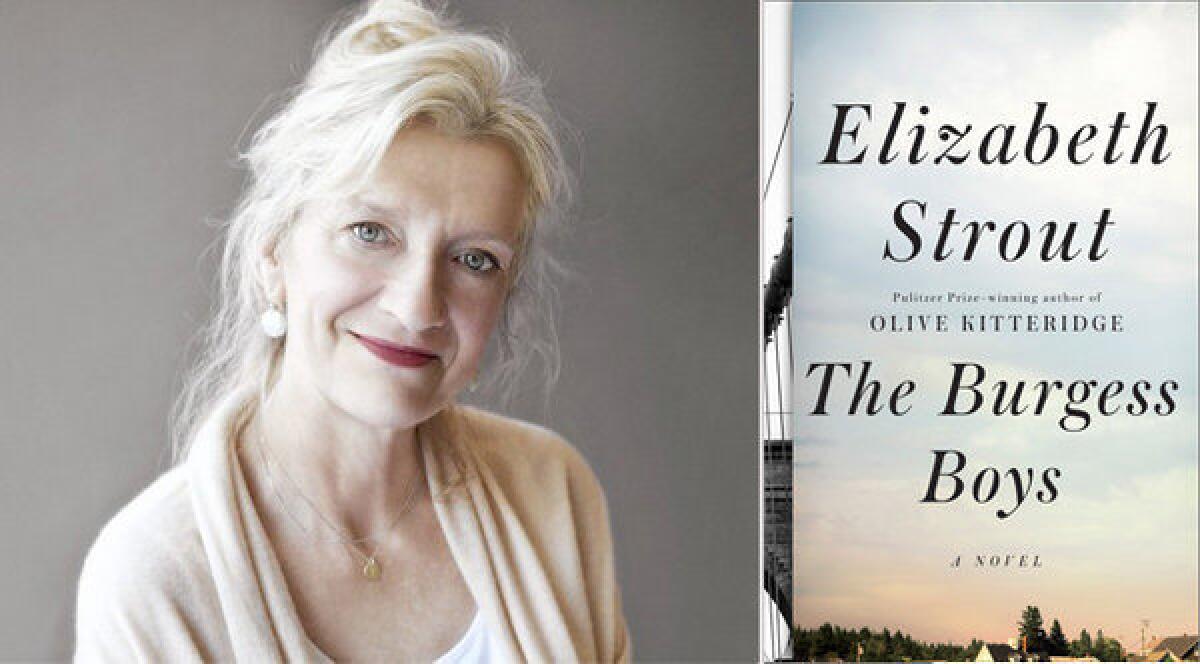 Author Elizabeth Strout and the cover of her novel, "The Burgess Boys".