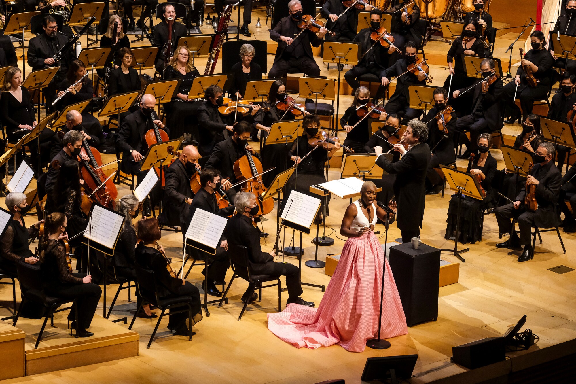 Singer Cynthia Erivo and conductor Gustavo Dudamel perform in the Los Angeles Philharmonic "Homecoming" gala concert.