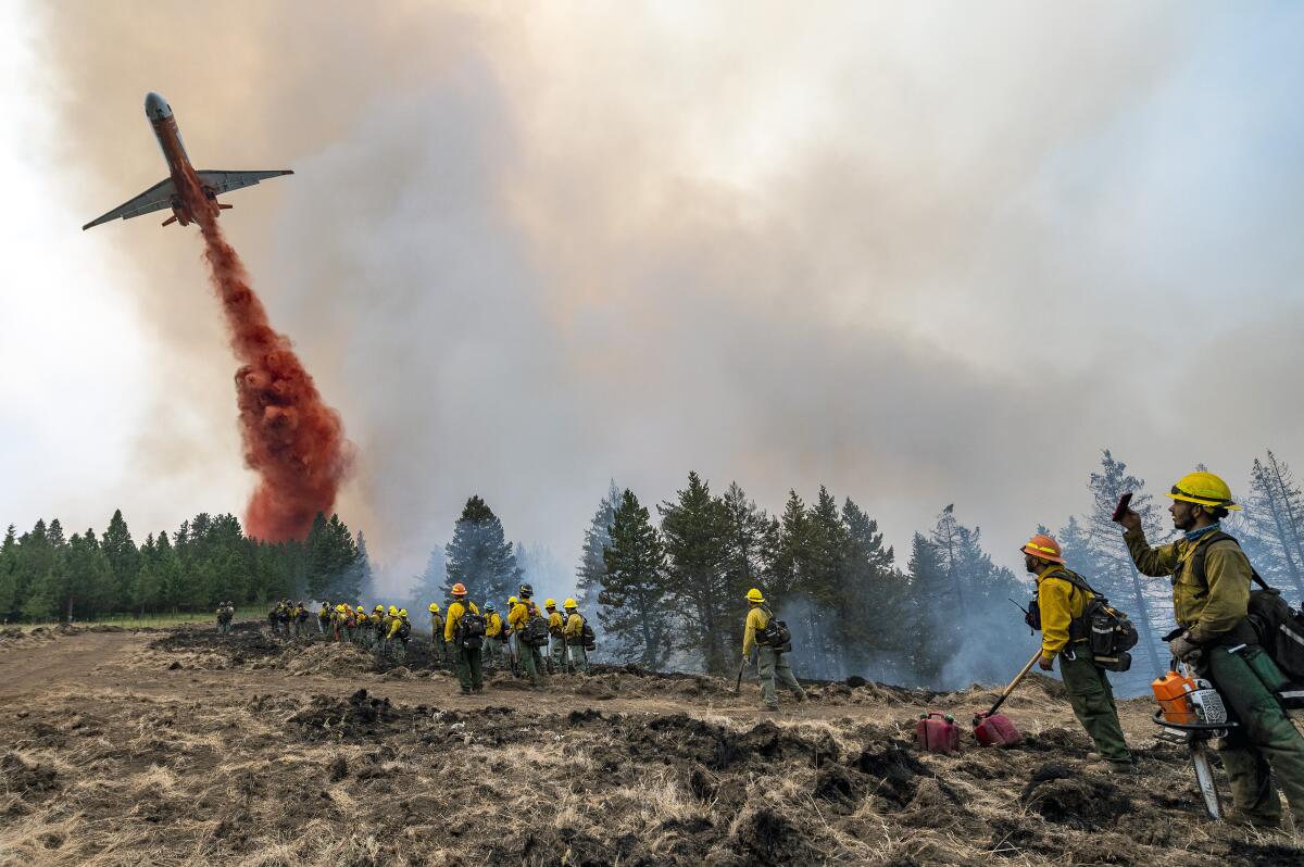 Wildland firefighters watch and take video with their cellphones as a plane drops fire retardant 