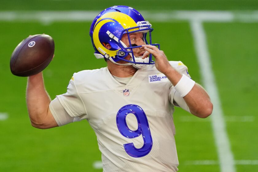 Los Angeles Rams quarterback John Wolford (9) prior to an NFL football game against the Arizona Cardinals.