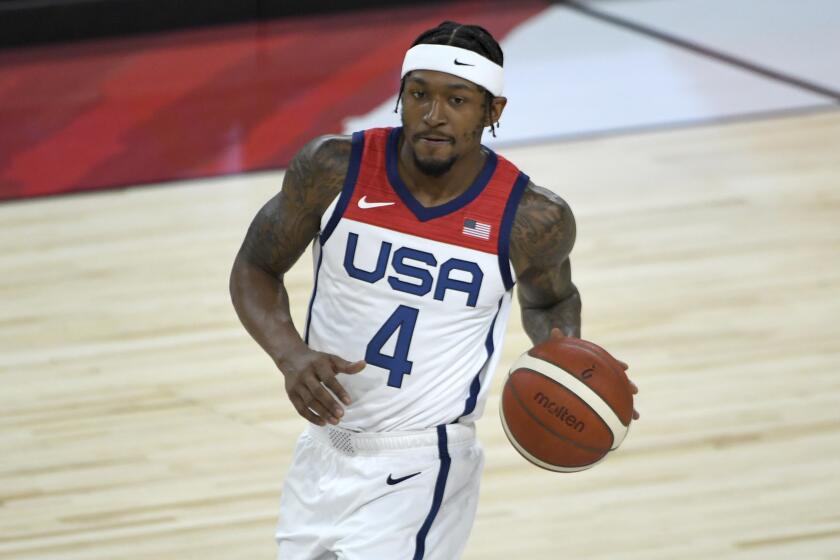 United States' Bradley Beal (4) brings the ball against Nigeria during an exhibition basketball game Saturday, July 10, 2021, in Las Vegas. (AP Photo/David Becker)
