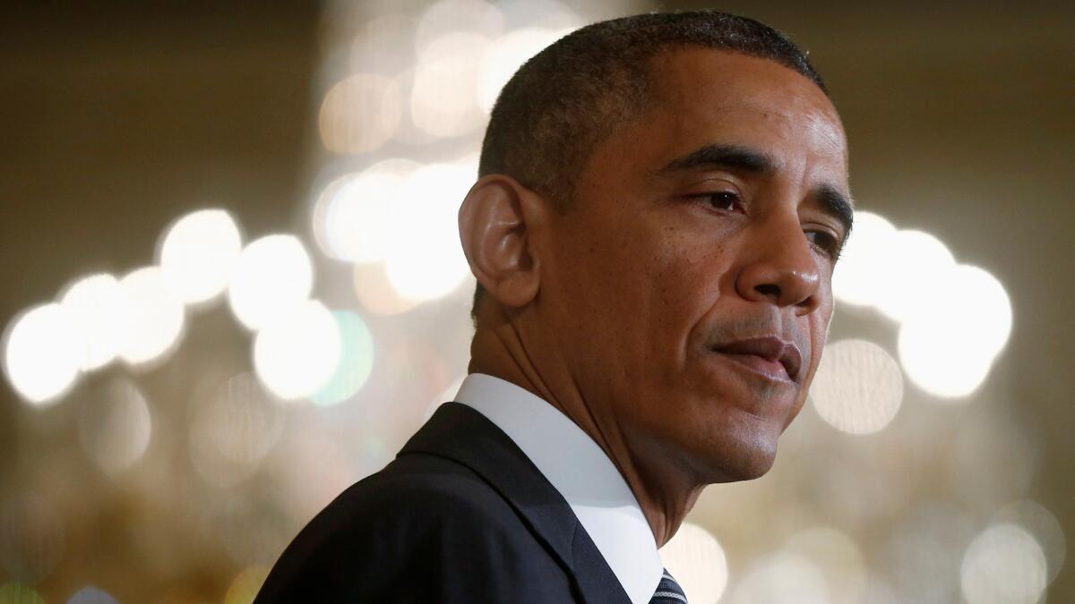 President Barack Obama in the East Room of the White House in Washington.