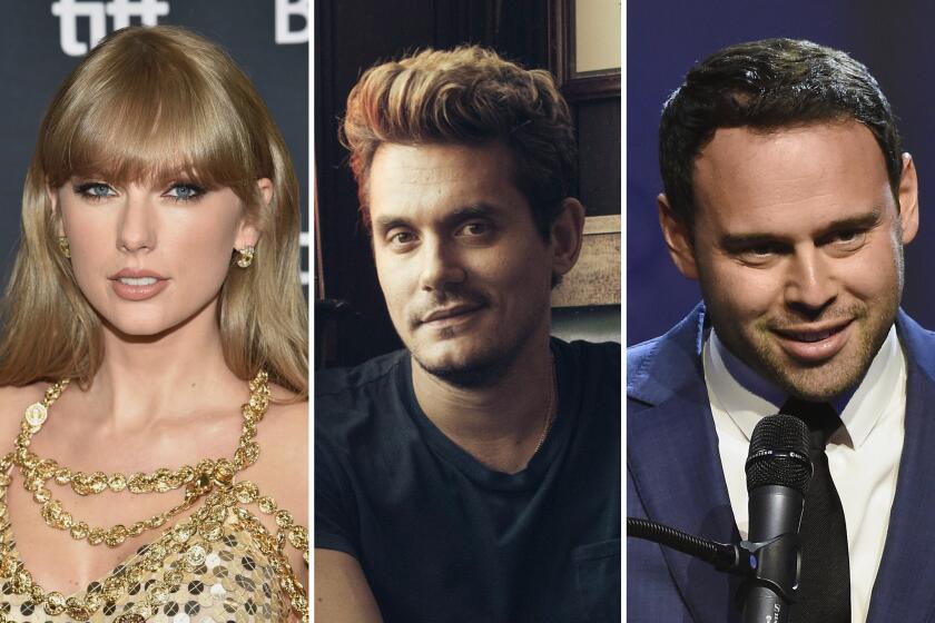 From left: Taylor Swift,  John Mayer; and Scooter Braun 