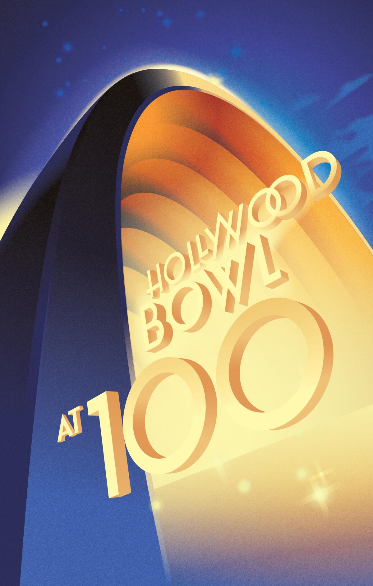 A vertical illustration in the shape of the shell of the Hollywood Bowl. The text reads "Hollywood Bowl at 100."