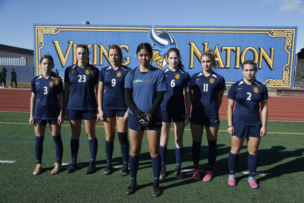 Defenders Riley Crosby, Lauren Rice, Erika Torrez, goalie Taylee Vo, Kiera Miskelly, Sarah Sumrall and Giana Ortenzo.