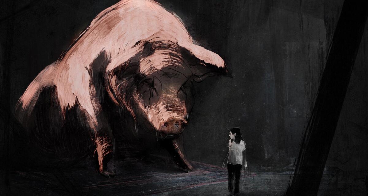 An animated image of a big pig and a little girl.