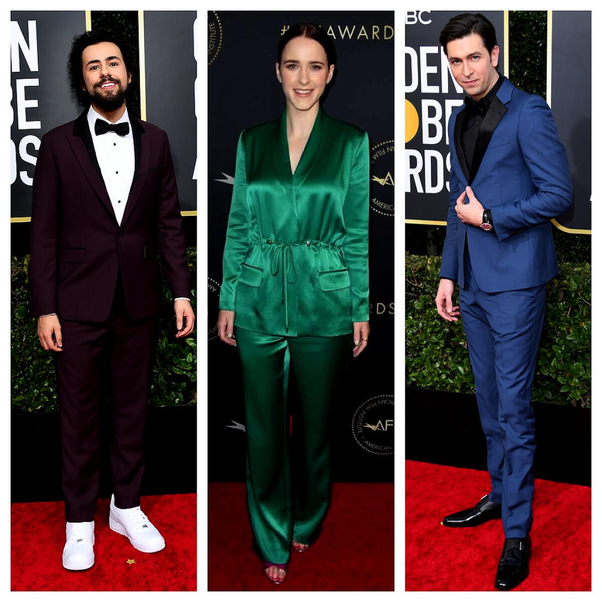 Photos of Emmy nominees Ramy Youssef, from left, Rachel Brosnahan and Nicholas Braun.