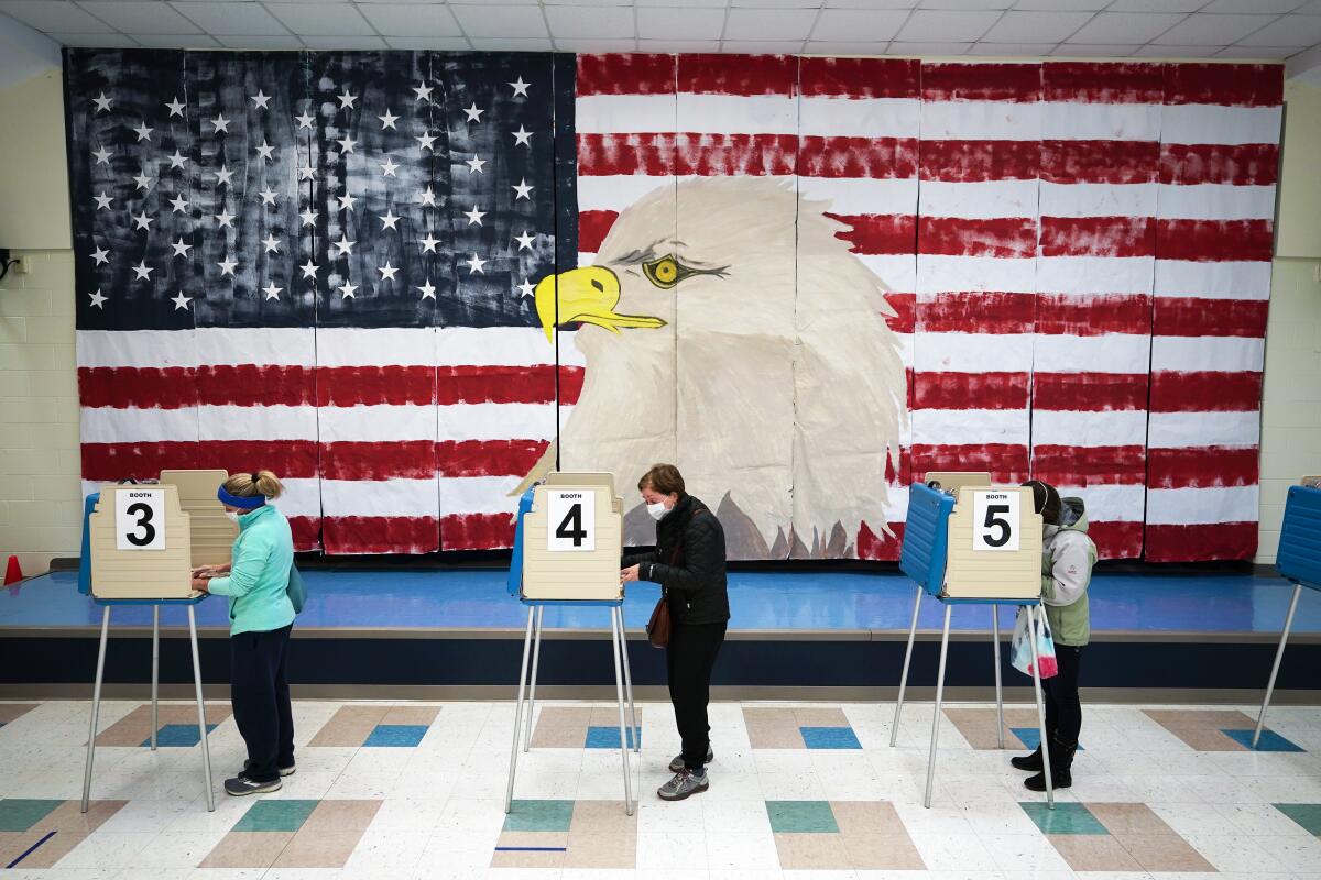 Voters stand at stations set up beneath a giant mural of a flag with the head of a bald eagle.