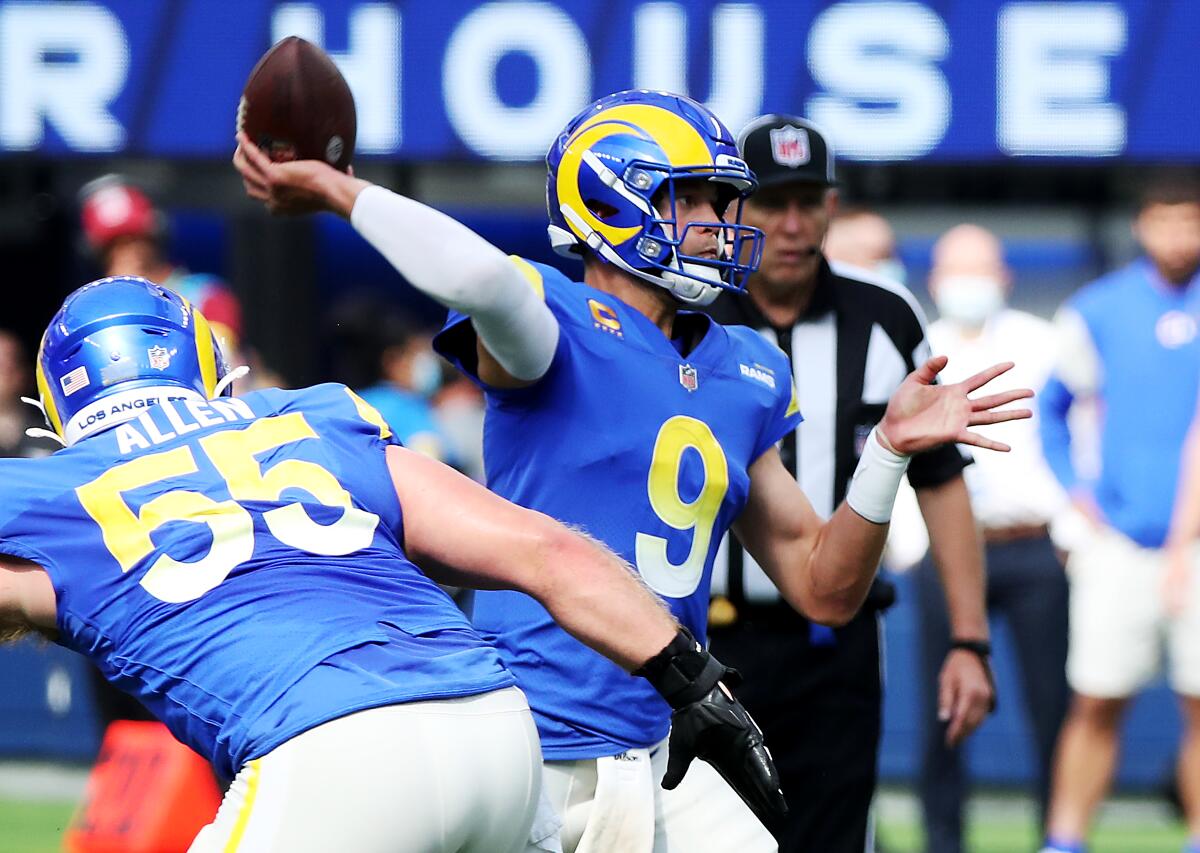 Rams quarterback Matt Stafford throws a pass during the second quarter of a 28-19 win over the Detroit Lions.