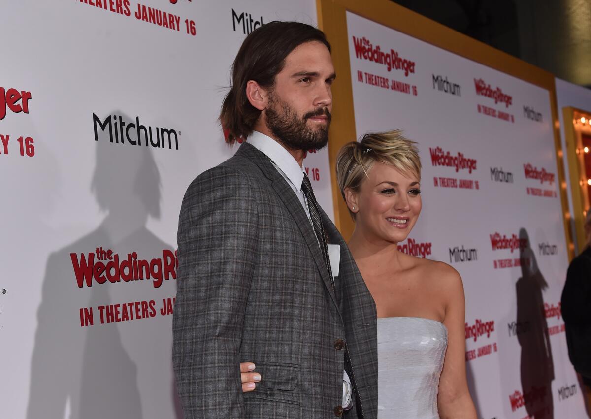 Kaley Cuoco-Sweeting and Ryan Sweeting arrive at the premiere of "The Wedding Ringer" at the TCL Chinese Theatre in Hollywood on Jan. 6