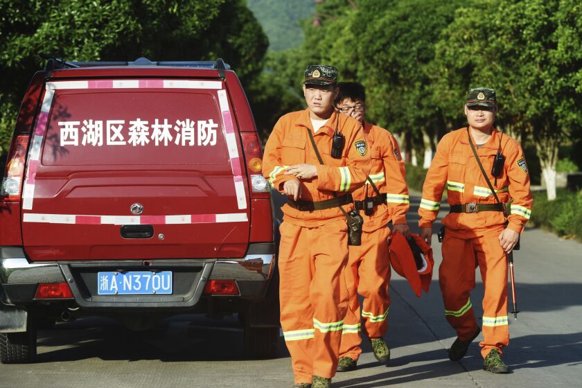 Workers take part in a search for a runaway leopard in Hangzhou in eastern China's Zhejiang province Sunday, May 9, 2021. A search for the last of three leopards that escaped from a safari park in eastern China was ongoing, authorities said Monday, May 10, 2021 as the park came under fire for concealing the breakout for nearly a week. (Chinatopix via AP)