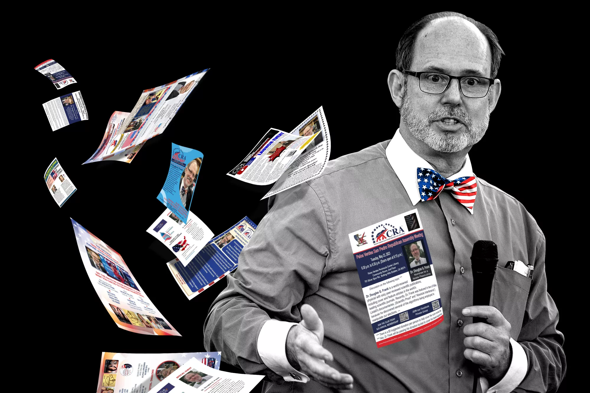 Photo illustration of Douglas Frank with election denial flyers