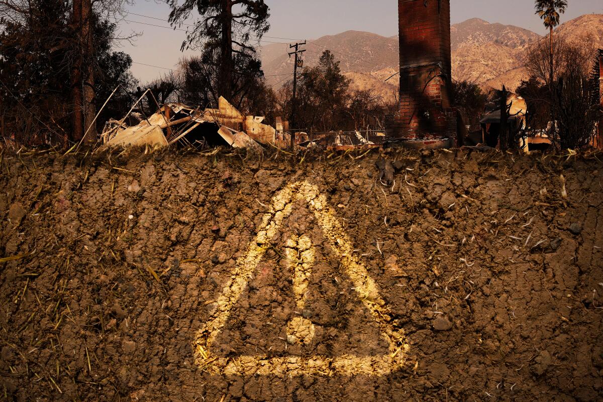 Photo illustration of an alarm signal in a cross section of soil under a burned property.