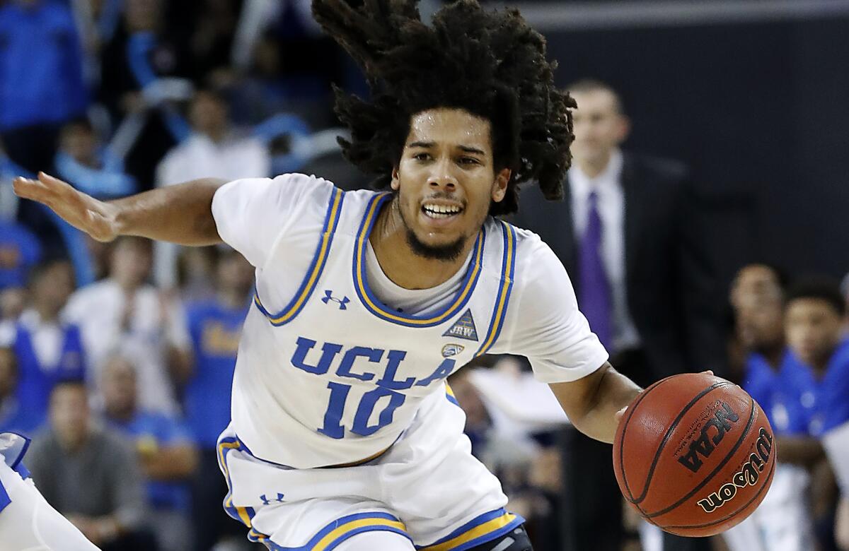 Bruins guard Tyger Campbell brings the ball upcourt against Hofstra on Nov. 21, 2019, at Pauley Pavilion.