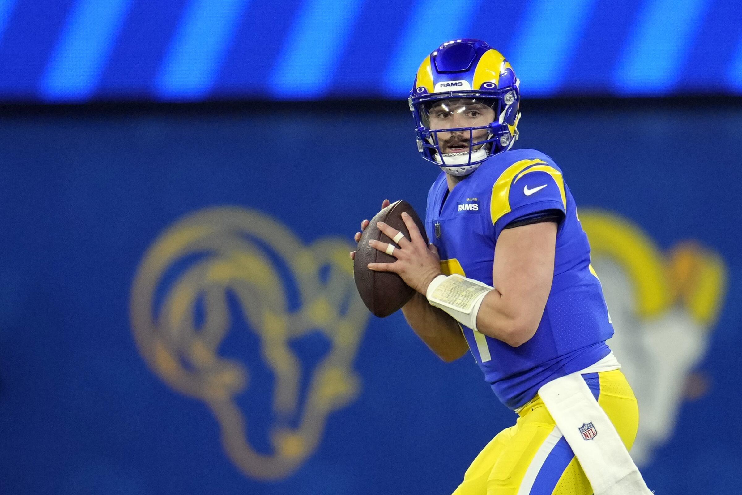 Rams quarterback Baker Mayfield prepares to throw during the second half.