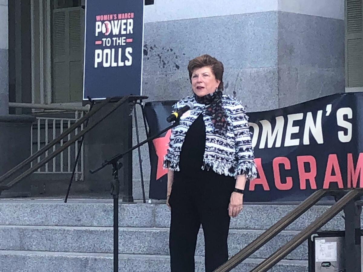 Delaine Eastin speaks at a rally in Sacramento