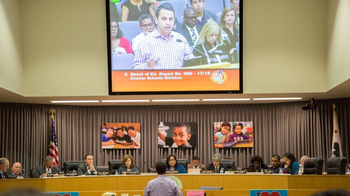 Josh Stock, founder of Lashon Academy Charter School, addresses the LAUSD board citing the accomplishments of the school.