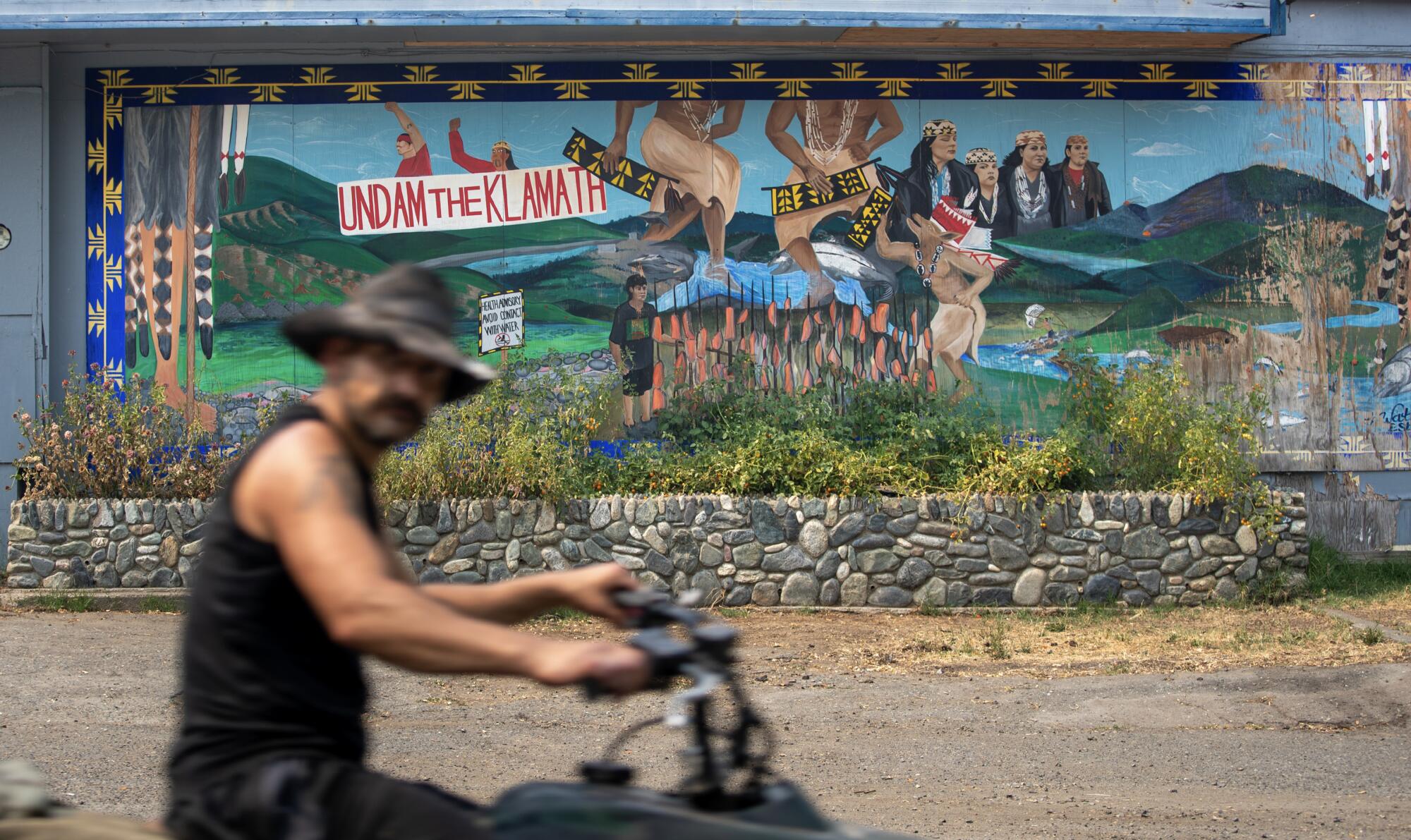 A man rides past large mural on a wall.