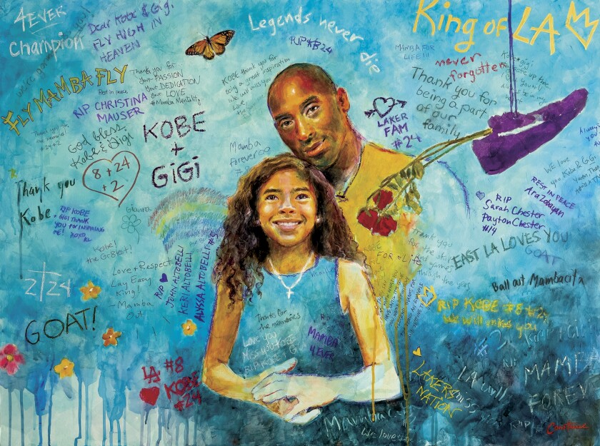 Portrait illustration of Kobe and Gianna Bryant with a wall of fan embassies surrounding them.