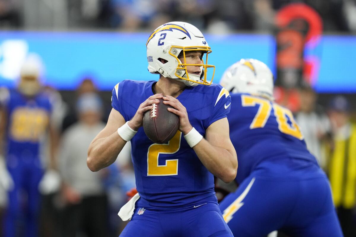 Chargers quarterback Easton Stick looks to pass during a loss to the Denver Broncos on Dec. 10.