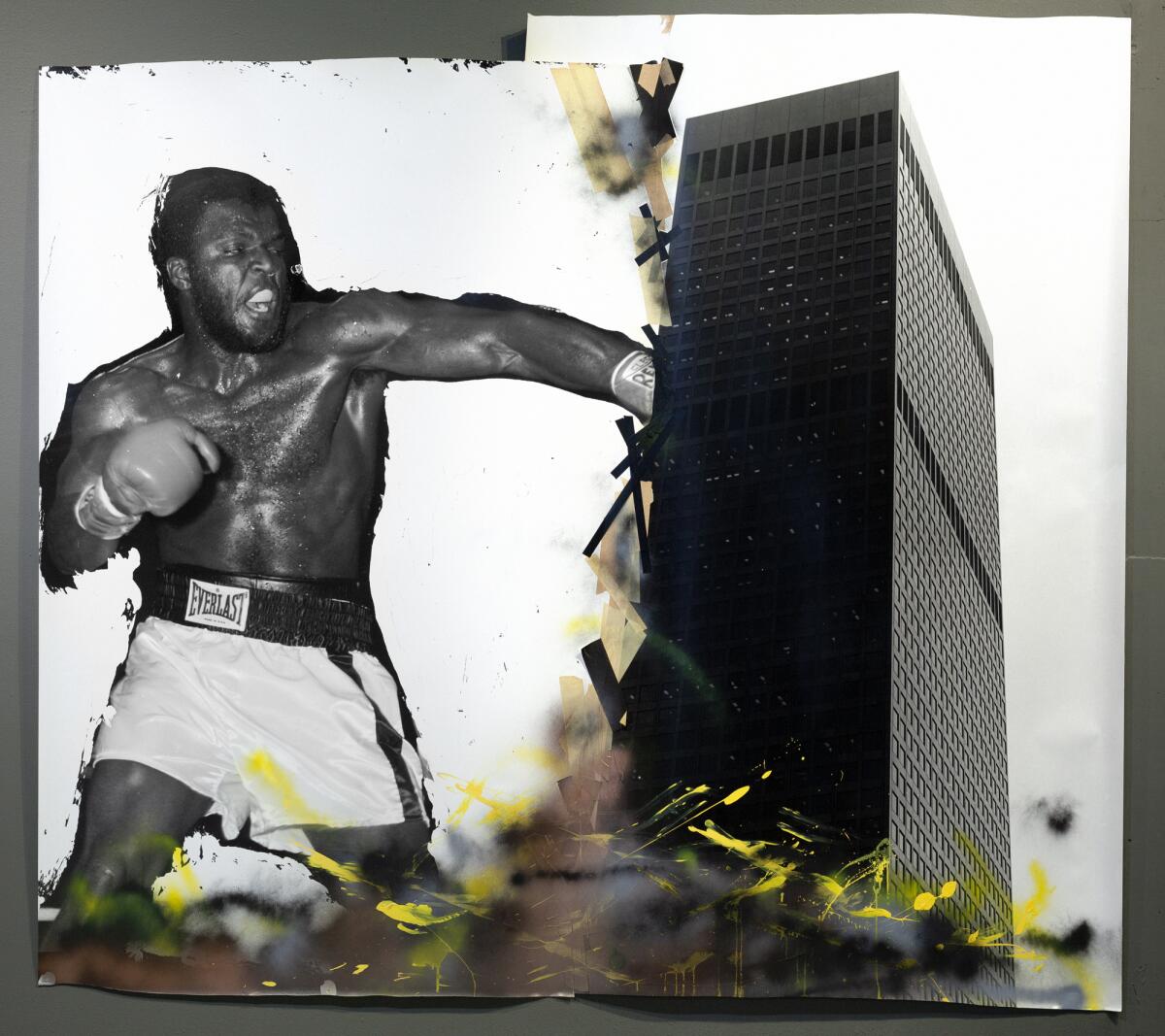 A boxer as tall as a skyscraper punches a building in "Support Systems," a 1984 mixed-media work by Todd Gray.