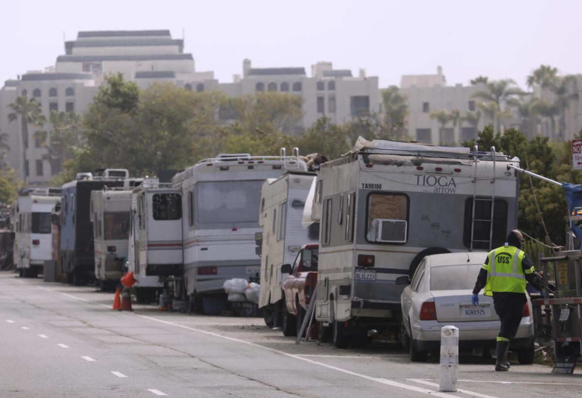 Ballona Creek homeless encampment along Jefferson Boulevard in Marina Del Rey on May 24. 