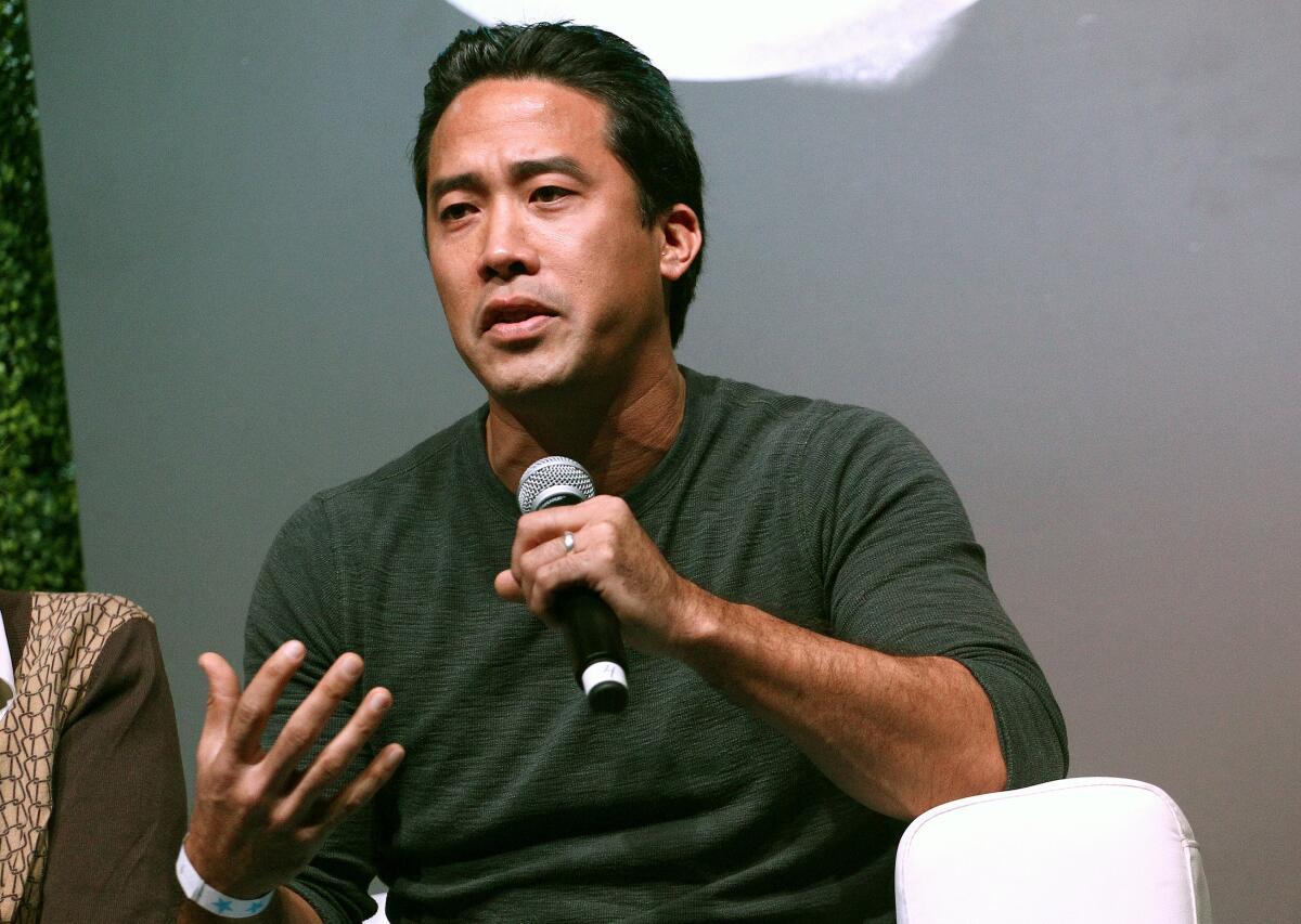 Animal activist Marc Ching speaks at Circle V Festival in Los Angeles in 2017.