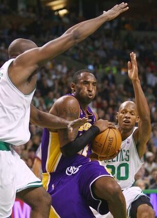 Kobe Bryant scored a game-high 28 points in the Lakers' 107-94 loss to Boston on Nov. 23. The Celtics improved to 10-1 with the victory. Kendrick Perkins (left) had a career-high 21 points for the Celtics while Ray Allen (right) added 18 points.