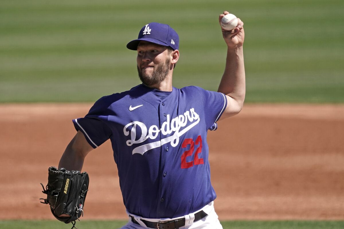 Dodgers starter Clayton Kershaw pitches during a spring training game.