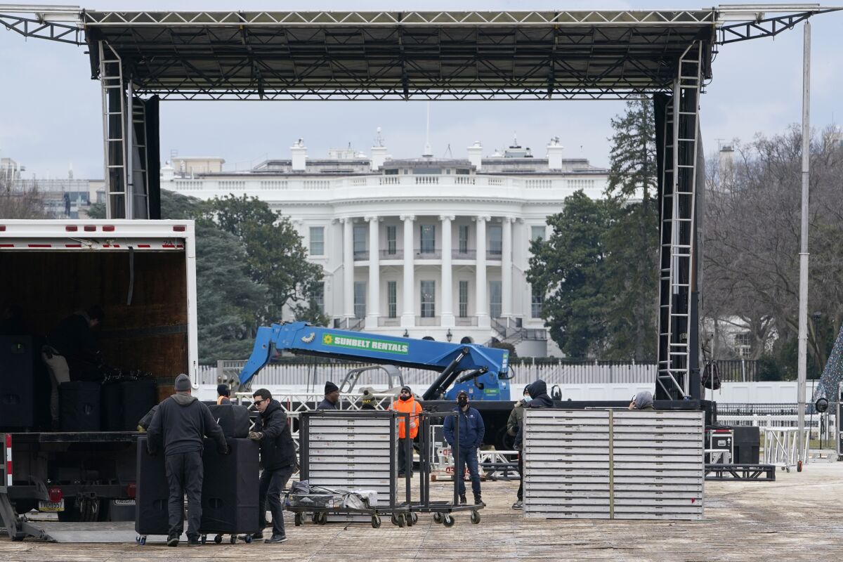 A stage is set up on the Ellipse near the White House in Washington, Monday, Jan. 4, 2021, in preparation for a rally on Jan. 6, the day when Congress is scheduled to meet to formally finalize the presidential election results. (AP Photo/Susan Walsh)