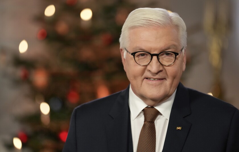 FILE - German President Frank-Walter Steinmeier poses after the recording of the traditional presidential Christmas message at Bellevue Palace in Berlin in Berlin, Germany, Wednesday, Dec. 22, 2021. Germany's environmentalist Greens have come out in favor of a second term for President Frank-Walter Steinmeier, leaving the head of state well-placed for another five years in office. (AP Photo/Michael Sohn, File)