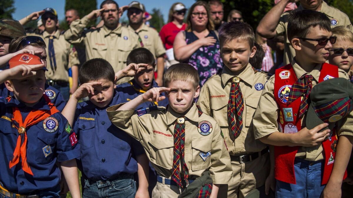 In this May 29, 2017, photo, Boy Scouts and Cub Scouts salute during a Memorial Day ceremony in Linden, Mich.