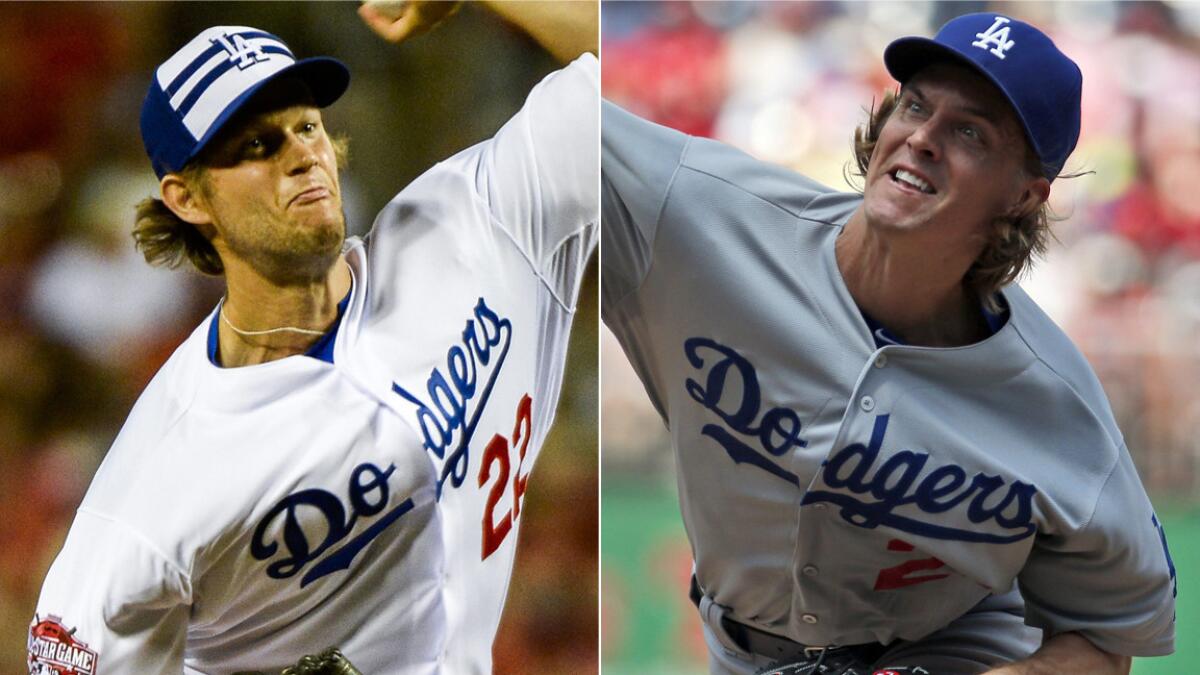 Dodgers pitchers Clayton Kershaw, left, and Zack Greinke were named the National League co-players of the week on Monday.