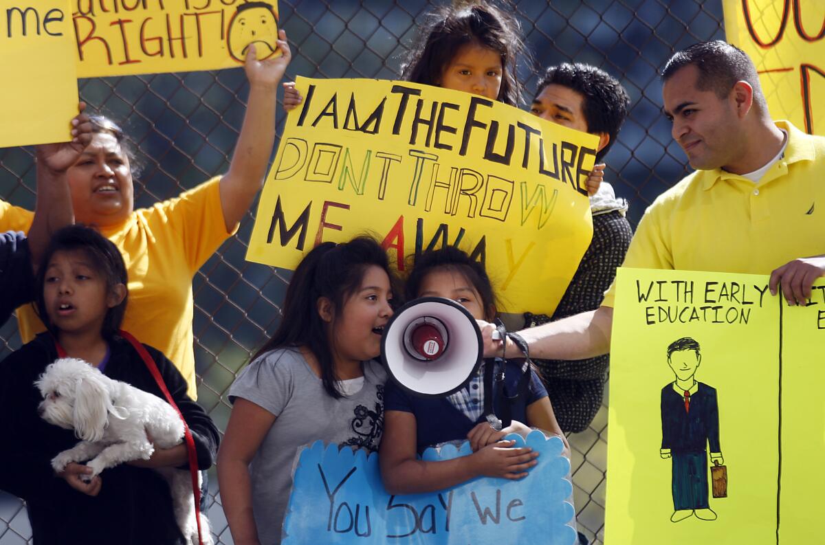 Parents and students have protested L.A. Unified layoff notices in the past, as they did at this 2012 demonstration.