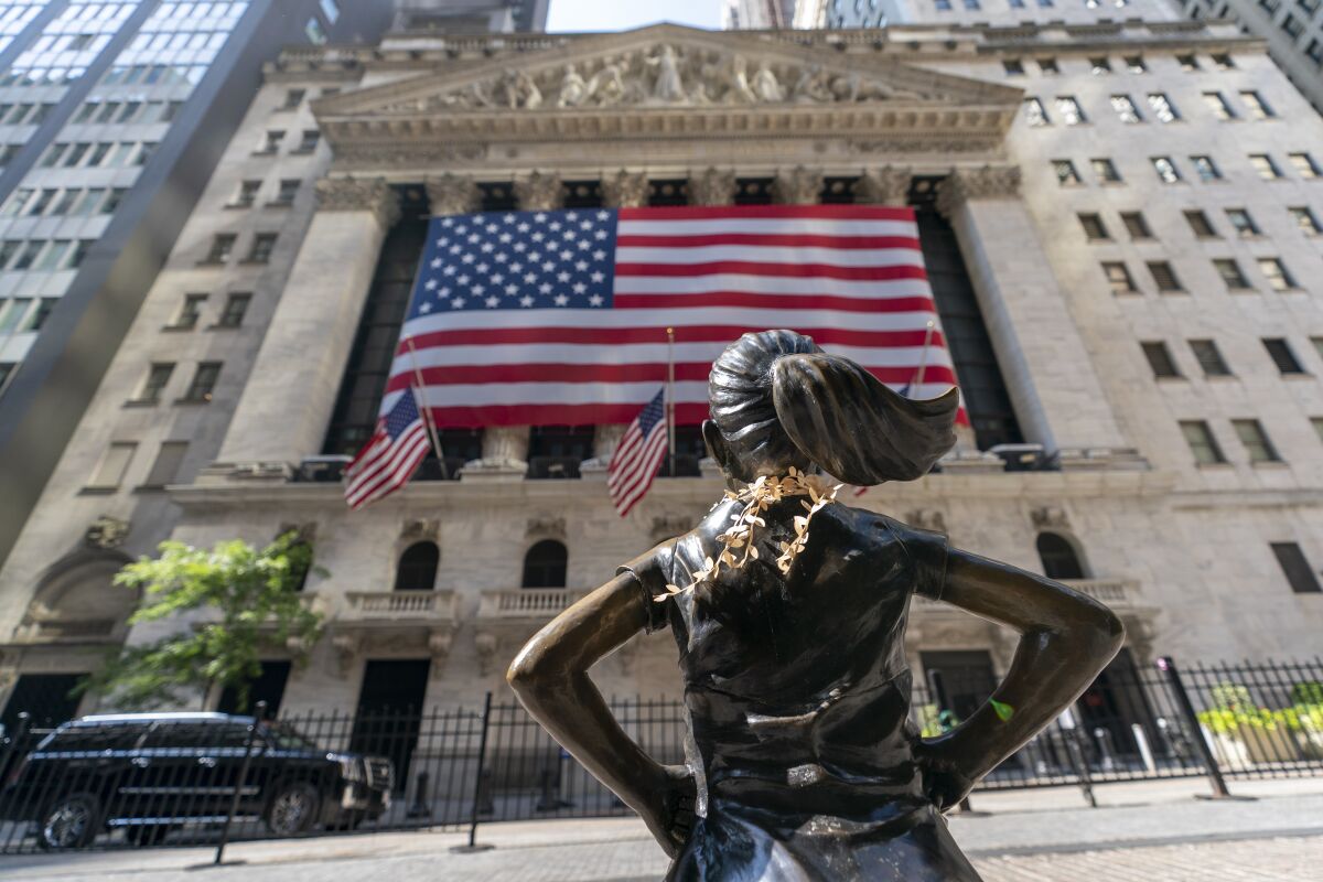 The back of the "Fearless Girl" bronze sculpture, which looks toward the New York Stock Exchange.