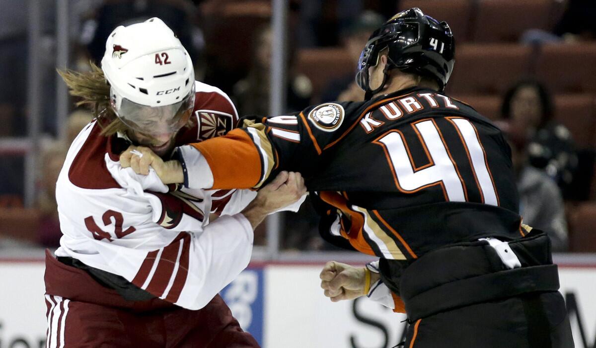 Ducks left wing John Kurtz and Coyotes left wing Eric Selleck trade punches during a preseason game.