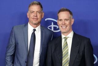 Troy Aikman, left, and Joe Buck attend the Disney 2022 Upfront presentation at Basketball City Pier 36