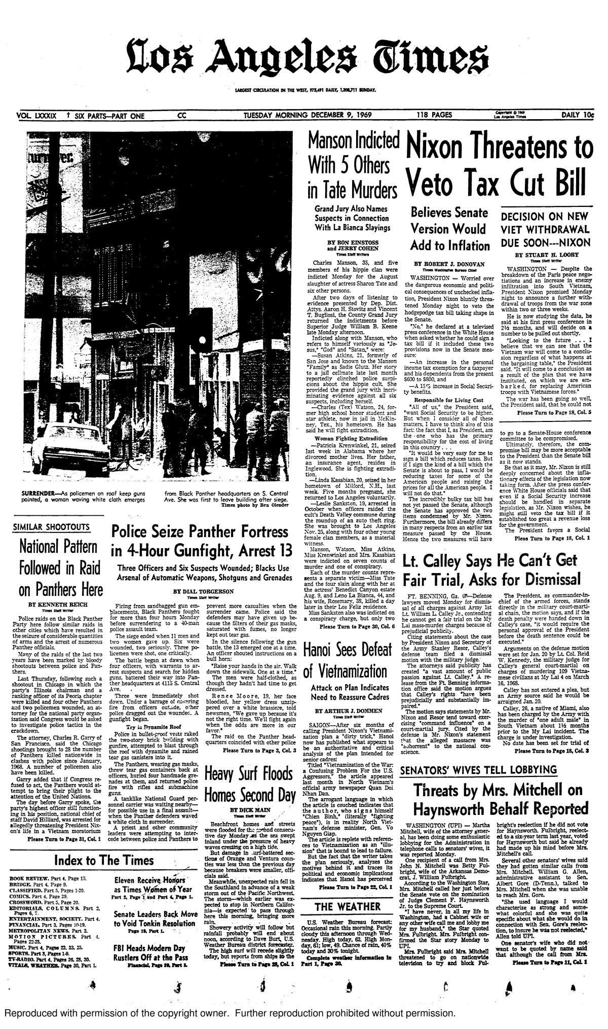 The front page of the Los Angeles Times on Dec. 9, 1969
