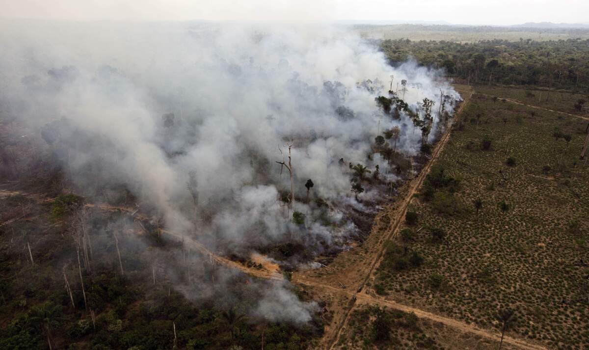 In this Sept. 15, 2009 photo, a deforested area burns near Novo Progresso in Brazil's northern state of Para. The Brazilian Amazon is arguably the world's biggest natural defense against global warming, acting as a "sink," or absorber, of carbon dioxide. But it is also a great contributor to warming. About 75 percent of Brazil's emissions come from rainforest clearing, as vegetation burns and felled trees rot. (AP Photo/Andre Penner)