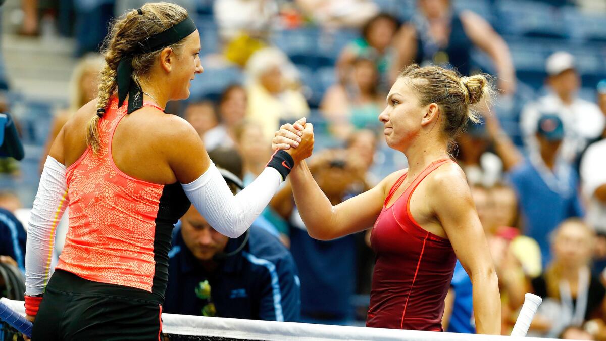 Instead of Victoria Azarenka, left, advancing to the U.S. Open semifinals and a possible showdown against Serena Williams for the chamionship, Simona Halep, right, might have that opportunity.