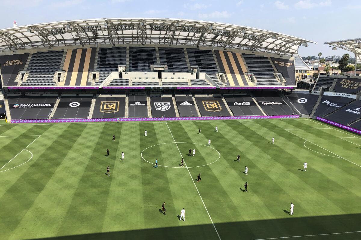 An LAFC-Galaxy game with no fans at Banc of California Stadium on Aug. 22, 2020.