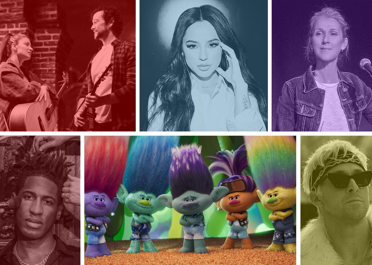 Six photos of performers featured in this year's original song contenders playlist (with color screens over the pictures)