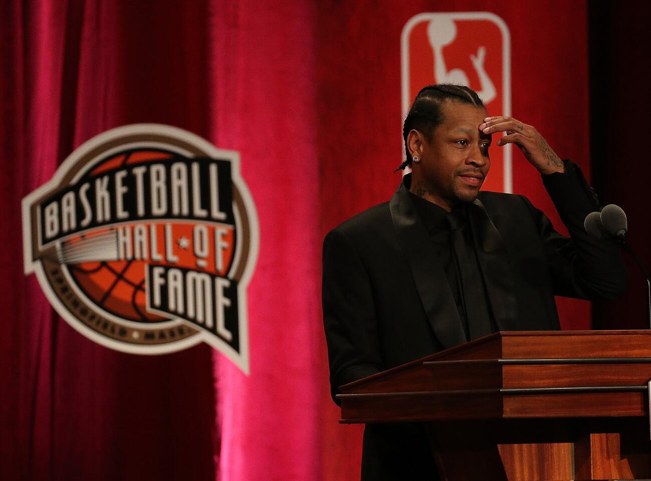 SPRINGFIELD, MA - SEPTEMBER 09: Allen Iverson reacts during the 2016 Basketball Hall of Fame Enshrinement Ceremony at Symphony Hall on September 9, 2016 in Springfield, Massachusetts. (Photo by Jim Rogash/Getty Images) ** OUTS - ELSENT, FPG, CM - OUTS * NM, PH, VA if sourced by CT, LA or MoD **